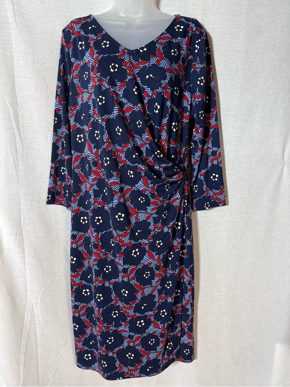Talbots Navy, Red & White Floral Wrap-Style Midi Dress Size XL